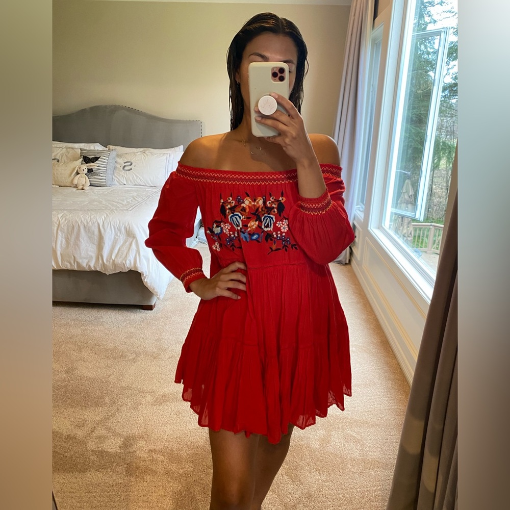 Bright red flowy dress